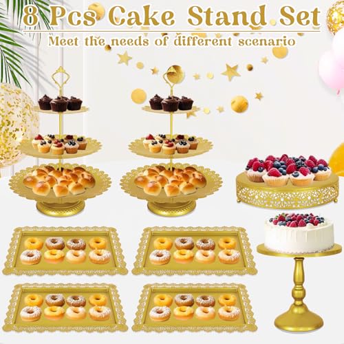 Fivenl 8 Pcs Cake Stand Gold Metal Dessert Table Display Set, 3-Tier Cupcake Stand, Cake Display Tower and Cookie Tray Rack Serving Tray for Birthday Party, Weddings, Baby Shower (Gold) - color: Gold
