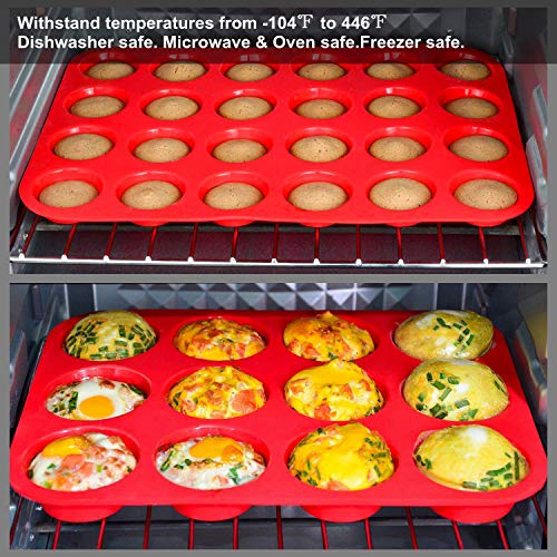 Silicone Muffin Pan Cupcake Set, Non-Stick Regular 12 Cups and Mini 24 Cups,Silicone Baking Molds,BPA Free Muffin Tin with 1 Silicone Spatula & 1 Oil Brush (Red) - color: Red