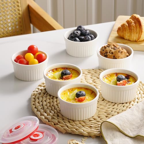 Dafuceramic Ramekins with Lids 12 oz White Creme Brulee Ramekins Ceramic Oven Safe Pudding Cups, Set of 6 Porcelain Custard for Baking Dishwasher and Microwave Safe