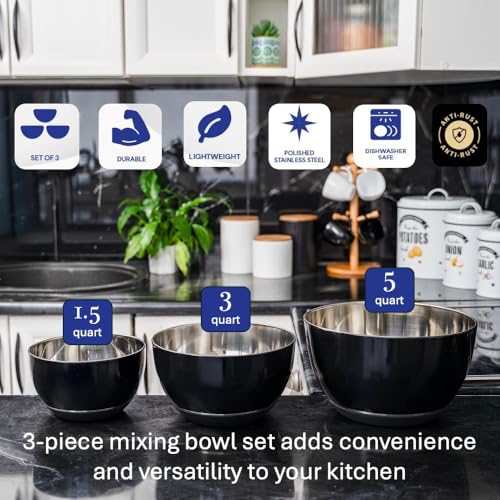 WHYSKO Stainless Steel Mixing Bowls Set, 3-Piece with Silicone Base - color: Black