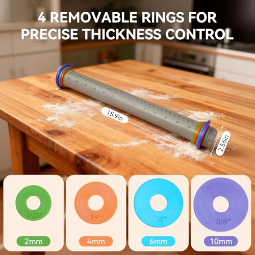 Adjustable Rolling Pin with Thickness Rings, Silicone Dough Roller
