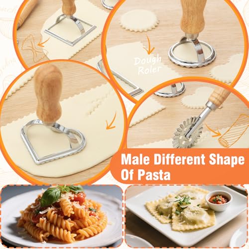 Rotary Pasta Drying Rack,Detachable Wood Pasta Rack with Pasta Molds & Stamps Ravioli with Pasta Cutter Wheel (4 pcs),Spaghetti Pasta Dryer Rack Collapsible Noodle Drying Rack Hanger Stand - color: 5 piece