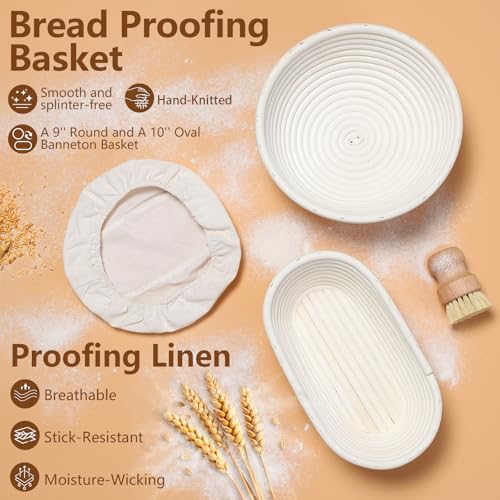 Sourdough Starter Kit with Banneton Proofing Basket, Starter Jar and Tools - color: Brown