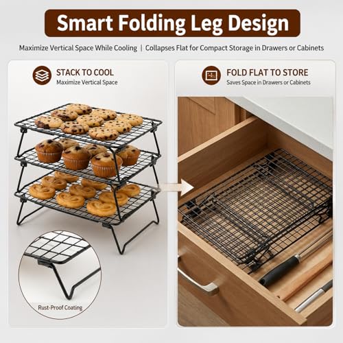 3 Pack Stackable Cooling Racks for Baking, 13.5 x 10 Inch Stainless Steel Wire Racks with Folding Legs, Oven Safe Baking Racks for Cookies, Cakes and Meat, Includes 50 Parchment Paper Sheets