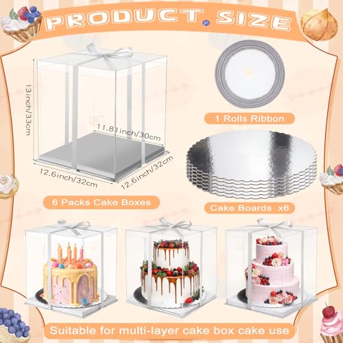 Watersay 6 Pack 12''x12''x13'' Silver Cake Box with Cake Boards and Ribbon - color: Silver, size: 12''x12''x13''