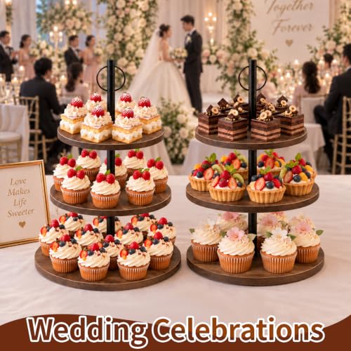 Cupcake Stand, 3 Tier Wood Cake Stands Rustic Cupcake Tower, Round Tiered Tray Stand for Dessert Table Display, Industrial Wooden Serving Stand Wedding, Graduation and Baby Shower (Zhong 1Pack) - color: Zhong 1pack