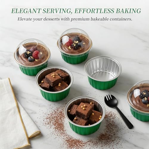 100-Pack 5 oz Green Mini Cake Pans with Lids, Disposable Aluminum Foil Baking Cups, Muffin Tins, Ramekins for Cupcakes, Brownies, Pudding - Festive for St Patricks Day, Birthday Party Supplies - color: Green