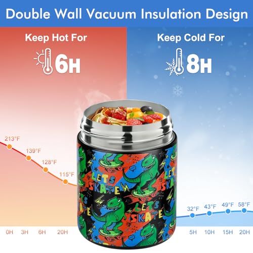 wiwens 12oz Soup Thermo for Hot Food Kids Insulated Food Jar Wide Mouth Lunch Container Leak Proof Stainless Steel Vacuum Bento Box for School Office Travel Outdoors Black-Dinosaur - color: Black-Dinosaur