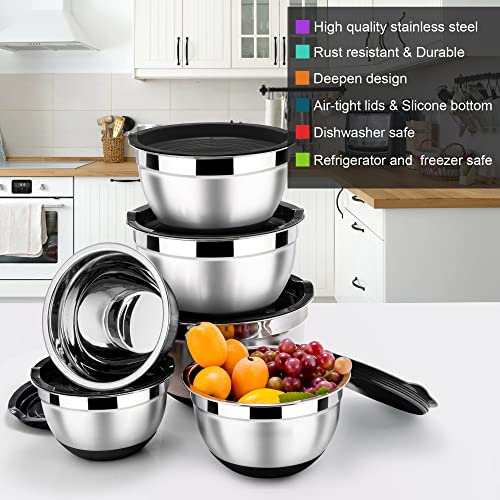 LIANYU Nesting Mixing Bowls Set of 6, Size 7, 3.5, 2.5, 2, 1.5, 1QT - color: Black, style: Anchor Base with Airtight Lids