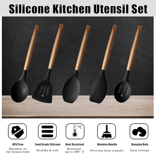 Kitchen Utensils Set, Silicone Cooking Utensils Set,Non-Stick Silicone Spatula Set with Natural Acacia Hard Wood Handle, 5 Piece, Upgraded Thickened Cookware - color: Black