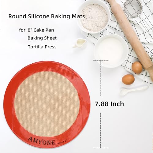 Round Silicone Baking Mats for 8 Inch Cake Pan, Food Grade, Non-Stick, Reusable Silicone Mat for Baking Pan for Bread/Tortilla/Macaron/Pastry/Pie/Bun or 9 Inch Pizza Pan, 2PCS - size: 8"L x 8"W