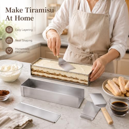2 Pack Tiramisu Mold, 15.7 x 3.9 x 2.4 in Rectangle Cake Pan with Removable Side Panel, Stainless Steel Cheesecake Mold with 2 Metal Spatulas for Mousse, Brownies, Mango Pudding, Fruit Cakes