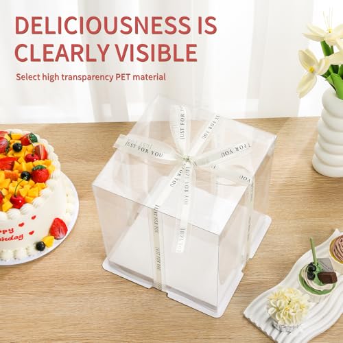 JCD 6Pcs Multi-Layer Tall Cake Boxes Clear Box with Ribbon, 8x8x9 inch,Ideal for 6" Inch Tall Layer Tiered Cakes,Gift Boxes for Wedding Party and Gift Display (Clear Lid, 8 * 8 * 9inch/6Pcs) - size: Clear Lid 8inch/6Pcs