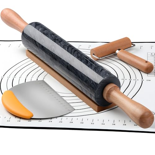 18.5 inches Marble Rolling Pin,Large Non-Stick Dough Roller,for making pizza, cookies,pie crusts, and pasta.with Silicone Pastry Mat,Stainless Steel Scraper,and Small Wooden Roller Pin(Black) - color: Black-2
