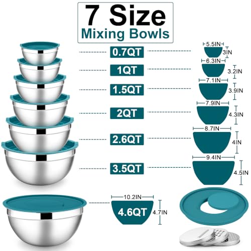 E-far Stainless Steel Mixing Bowls, 7PCS Mixing Bowls with Airtight Lids - color: Blue, size: 7 Regular Sizes