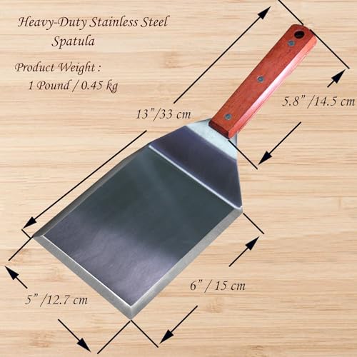 La Cuisine Extra‑Wide Stainless Steel Spatula with Wooden Handle, Heavy‑Duty 5x6" Burger Turner for BBQ, Flat Top Griddle, Blackstone Grill & Smash Burgers - size: 5x6"