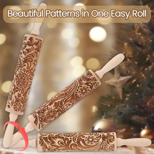 Embossed Rolling Pin for Baking Cookies Christmas Embossing Rolling Pins with Design Wooden Engraved Springerle Roller Pin Dough Patterned Clay Pottery Ceramic Bakers Women (Flower Snowflake Paisley) - color: Paisley Flower