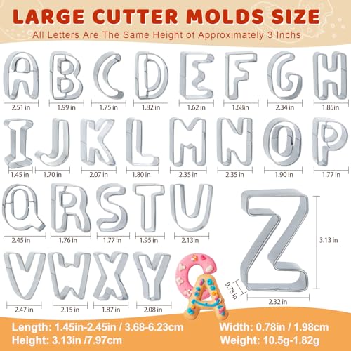 ofone Large Alphabet Cookie Cutters(A - Z), 3 Inch Stainless Steel Fondant Letter Cutters Shapes, 26 Pcs Abc Biscuit Cutter Set for Baking Dough Cakes Pastry Fruits - color: Silver