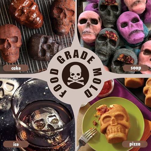 HKNMTT Skull Silicone Baking Pan for Halloween Pizza Cake, 6 Cavities 3D Large Molds, Nonstick Skeleton Head for Soap Ice Tray Oven Safe - style: Skull 2PCS