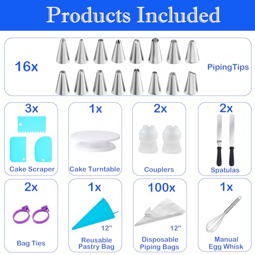 124 PCS Cake Decorating Kit with Cake Stand Turntable, Piping Bags and Tips Set, 100+1 Piping Bags, 12 Icing Piping Tips, 3 Scrapers, 2 Spatulas, Manual Egg Whisk, Baking Supplies for Cake Lovers - size: 11inch-124pcs