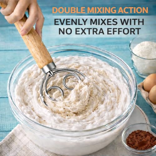 Danish Dough Whisk for Sourdough Bread – 13 Inch 2 Loop Stainless Steel Dutch Bread Whisk – Heavy Duty Dough Mixer for Bread Pizza Pastry Cookies – Ergonomic Oak Handle BPA Free - size: 2-Loop Classic