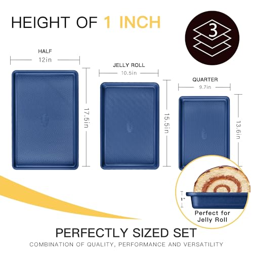 HONGBAKE Baking Sheet Pan Set, Cookie Sheets for Oven, Nonstick Half/Quarter/Jelly Roll Pans with Diamond Texture Pattern, Heavy Duty Cookie Tray, Dark Blue - color: Sapphire Blue (Carbon Steel)