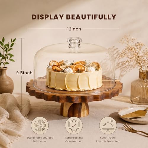 Acacia Wood Cake Stand with Acrylic Lid 12" 6-in-1 Round