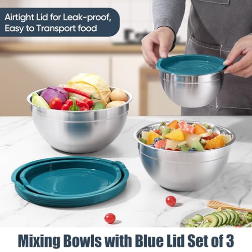 P&P CHEF Stainless Steel Mixing Bowls with Airtight Lids, Blue - color: Blue, style: Airtight Lids