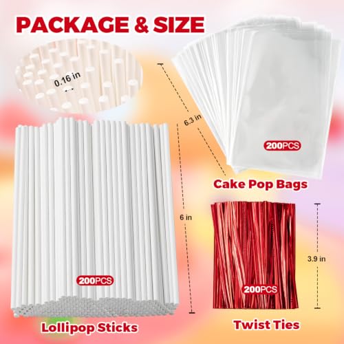 600Pcs Lollipop Stick, 6IN Cake Pop Sticks with Clear Treat Bags & Red Twist Ties, Cake Pops Making Tools for Lollipops, Candies, Chocolates Cookies - color: Red 600Pcs