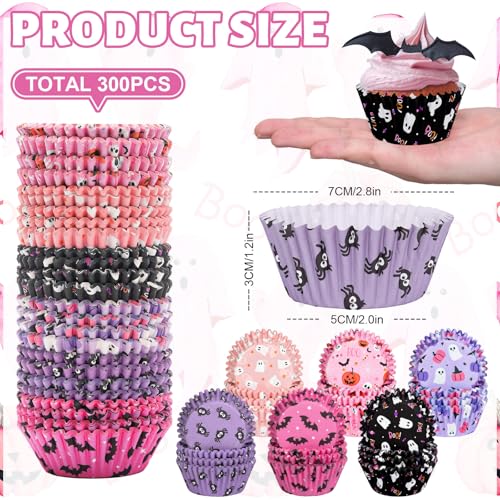 JarThenaAMCS 300Pcs Halloween Cupcake Liners Pumpkin Ghost Spider Web Bat Paper Baking Cups Pink Purple Orange Black Standard Muffin Cupcake Wrappers for Party Supplies Table Decor