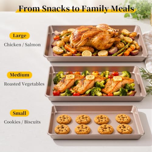 3-Piece Nonstick Baking Sheet Set, Cookie Sheet Pans in 3 Sizes, 0.8mm Thick Heavy Duty Carbon Steel Baking Trays, Easy to Clean for Cookies, Roasting & Baking, Champagne Gold - color: Gold