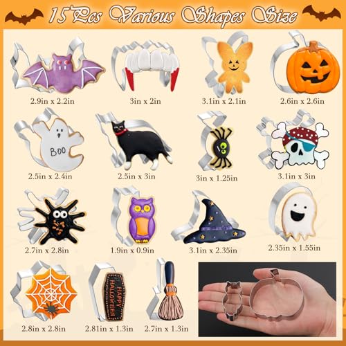 15 Pcs Halloween Cookie Cutters Stainless Steel Fall Cookie Cutter Shape Set DIY Holiday Biscuit Cutter Mold with Ghost Pumpkin and more Halloween Set for Food Party Baking Supplies Decorations - style: 15Pcs Halloween Cookie Cutters