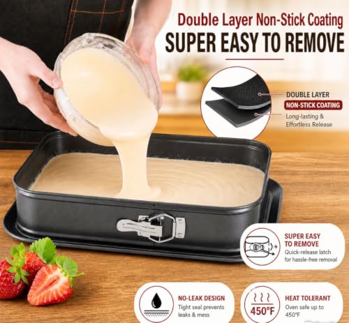Rectangular Springform Cake Pan 11.02"x7.09"x2.55" - Leakproof Non-Stick Carbon Steel Cheesecake Pan with Removable Bottom Baking Pan for Cakes, Brownies, Lasagna & More