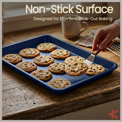 BAKKEN Nonstick Carbon Steel Bakeware Set - 6 Piece Kitchen Baking Trays, Non Toxic Stackable Oven Pans Bundle with Cookie Sheets, 6 Cup Muffin, Roaster, Square Cake, and Loaf Pan for Bread - color: Blue