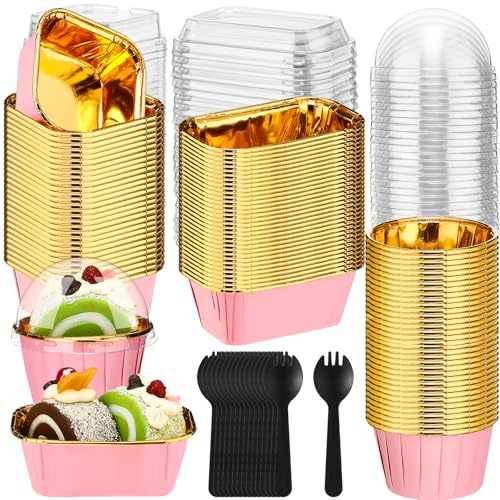 Baderke 150 Pcs Pink Mini Cake Pans with Lids Spoons, Disposable Ramekins