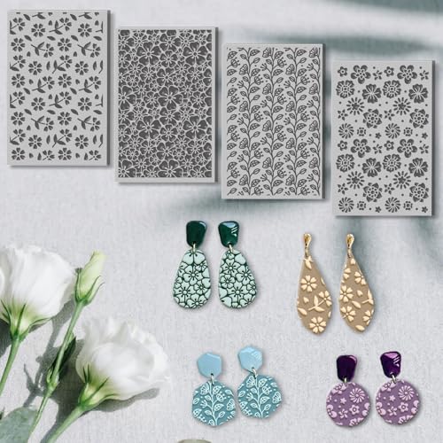 4 Sheets Simple Flowers Clay Texture Mat Artistic Patterns Polymer Clay Texture Sheets DIY Tools for Pottery Earring Jewelry Making Stamp Engraving Machines, 3.9x2.6inch