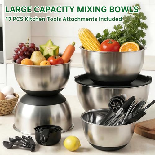 Deedro Mixing Bowls with Airtight Lids, Stainless Steel Mixing Bowls Set - color: Black