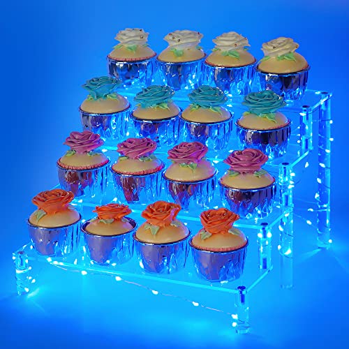 YestBuy Display Shelf Cake Stand – 4 Tier Shelf Cake Pop Stand – Multifunctional and Durable Acrylic Stand – Mounting Hardware Included – Ideal for Desserts, Cosmetics, Glassware, Figurines - color: Clear（Blue Light）, size: 4 Tier - 1 Pack