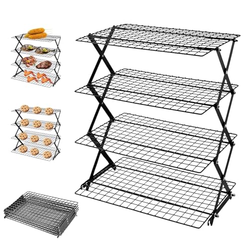 4-Tier Upgraded Collapsible Cooling Rack with Adjustable Setting Design,Cooking Drying Wire Cooling Rack for Baking, Cookies, Cake, Roasting, Grilling