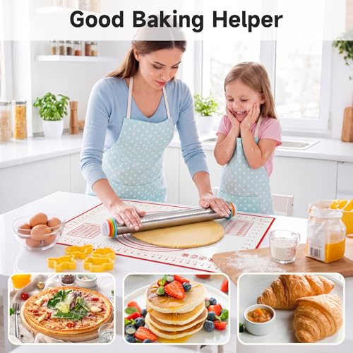 Vakoo Rolling Pin and Silicone Baking Mat Set - color: Silver+Red