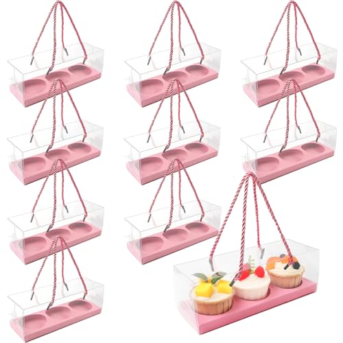 20Pcs Clear Cupcake Boxes with Handle, Cupcake Carrier for Party - color: Pink