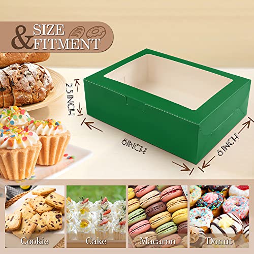 KPOSIYA 65 PCS 8x6x2.5 Inch Cookie Boxes with Window Green Bakery Boxes Pastry Boxes for Gift Giving, Treat, Dessert, Cupcakes, Chocolate, Strawberries, Donuts, Muffins (5 Style Windows) - color: Green(pack of 65)