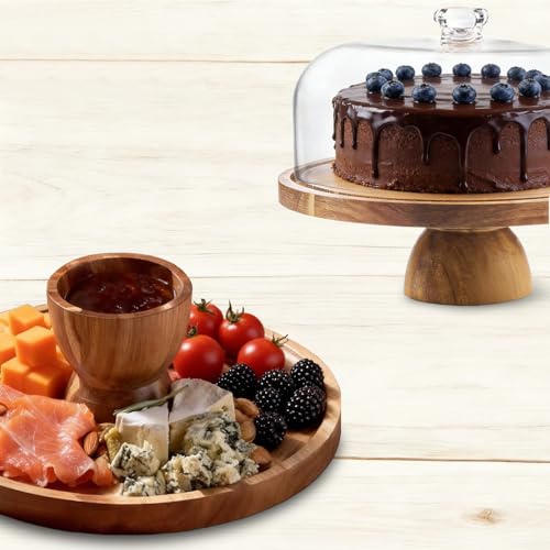 Garvee 12 Inch Acacia Wood Cake Stand with Acrylic Dome Lid – 2‑in‑1 Multifunctional Dessert Display & Charcuterie Board, Round Serving Platter for Cake, Fruit, Cheese, Chips, Dips & Party Snacks