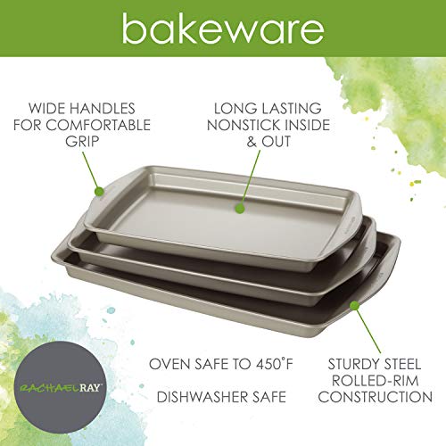 Rachael Ray Nonstick Bakeware Set without Grips includes Nonstick Cookie Sheets / Baking Sheets - 3 Piece, Silver - size: 3 Piece, style: Cookie Pans