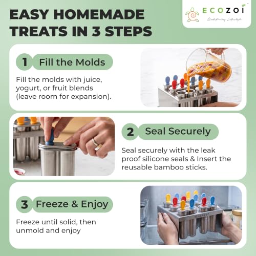 Ecozoi Stainless Steel Popsicle Molds with Rack, 6 Twin Round Ice Pop Makers, 30 Reusable Bamboo Sticks, 24 Silicone Seals, 3 oz, for Kids and Adults - size: Round-6 Twin Molds