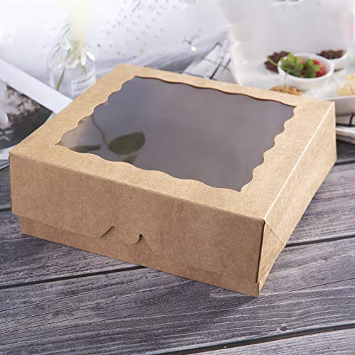 ONE MORE [15pcs] 10inch Kraft Bakery Boxes, Large Pie Boxes with PVC Window Natural Disposable Box for Cookie 10x10x2.5inch,Pack of 15