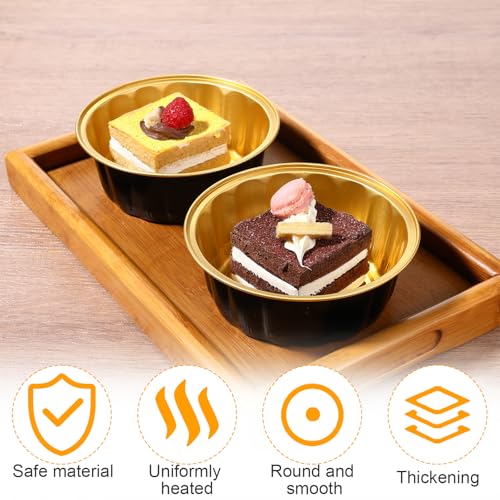 100 Pcs 8 oz Disposable Ramekins with Lids Creme Brulee Ramekins Aluminum Foil Baking Cups for Cupcakes, Cheesecake, Catering, Wedding, Party (Black, Gold)