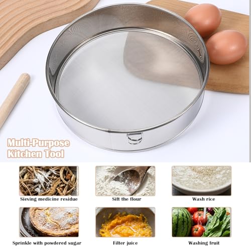 4 Pack Flour Sifter with Hanging Ring, Stainless Steel Fine Mesh Strainers, 5.9”/7.9”/10”/11.8” Round Sieve for Baking Cake Bread, 40 & 60 Mesh (Silver)