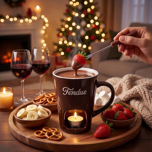 Brown Chocolate Fondue Mug with Tealight & Fork – Ceramic Single-Serve Fondue Cup for Chocolate & Cheese Dipping - color: Brown