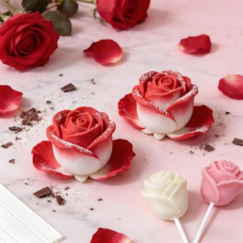 6-Cavity 3D Rose Lollipop Silicone Molds with Sticks Pink Chocolate Candy Molds for Valentine's Day Mother's Day Cupcake Decor Jelly Soap Making